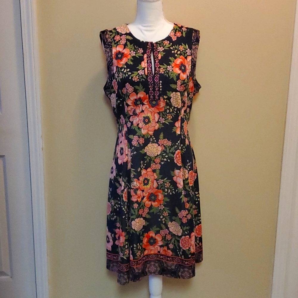 Liz Claiborne Navy and Pink Floral Midi Dress
